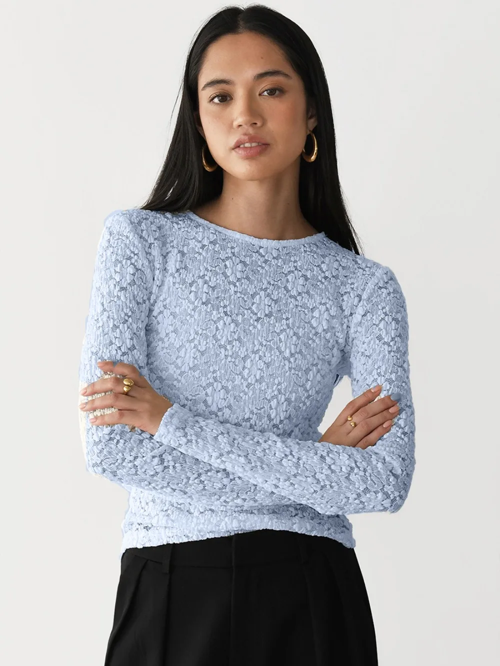 

Elegant Office Lace Hollow Out T-shirt Spring and Summer Women Fashion Loose Soft Pearl Button Trumpet Sleeve O-neck T-shirt Top