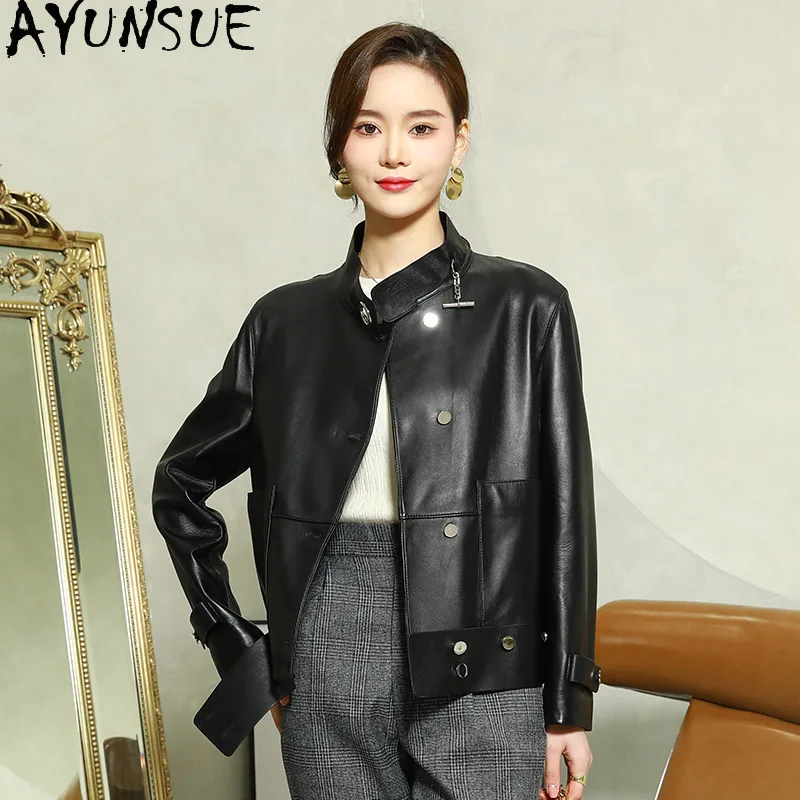 AYUNSUE 진짜 양피 정품 가죽 자켓 여성 2025 모토 & 바이커 코트 봄 가을 옷 짧은 스타일 Jaqueta De Couro