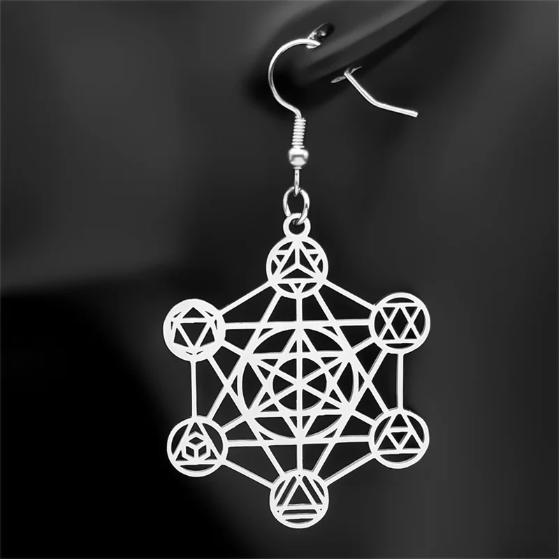Vintage Large Archangel Metatron Cube  Geometry Flower of Life Earring for Women Men Stainless Steel Silver Color Lucky Jewelry image 4