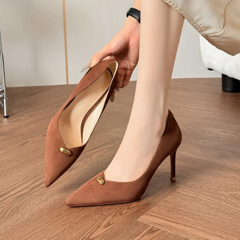 

New suede pointed-toe women's high-heeled shoes, versatile for commuting, with small gold studs, thin heels, soft soles,