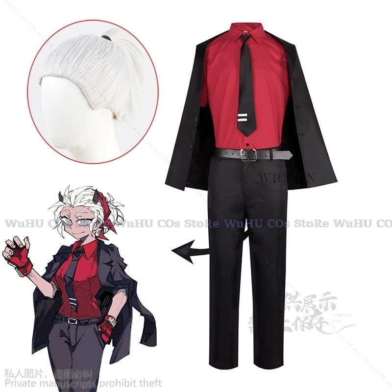 Game Helltaker The Awesome Demon Justice Cosplay Costume Adult Women Men Outfits Shirt Pants Jacket Tail Halloween Carnival Wigs