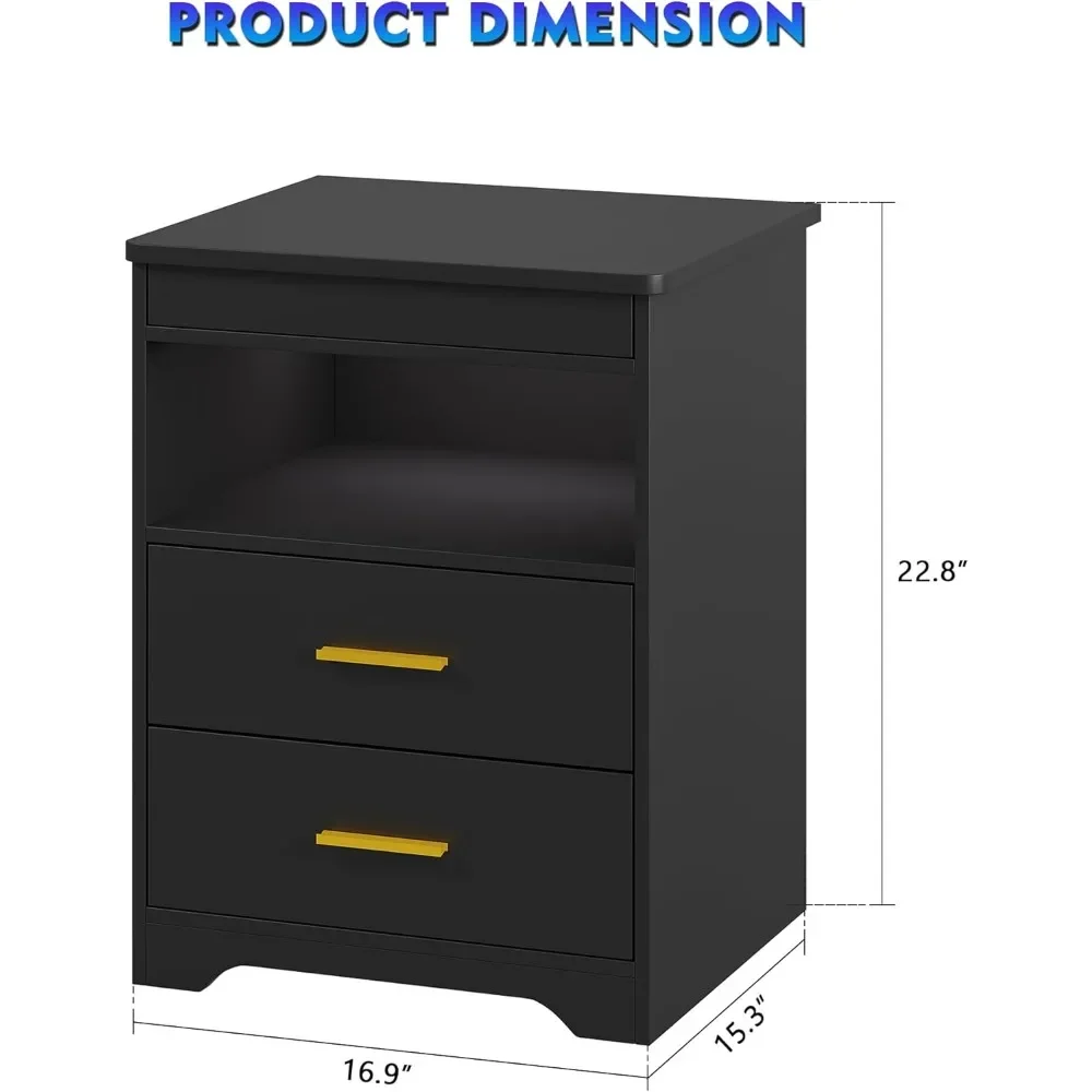 Nightstand Set of 2 with Charging Station and Secret Gun Compartment，Auto Sensor 3 Color Dimmable，LED Bedside Table