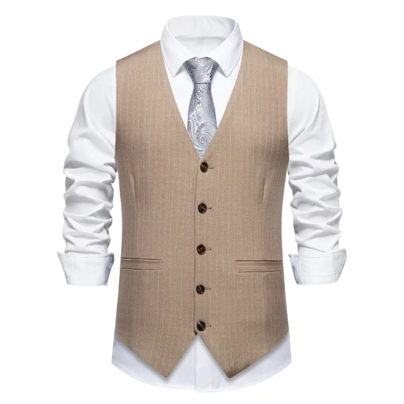 2026 New Red Striped Suit Vest For Men,Fashion Business Formal Wear Casual Khaki/Black Stripes Waistcoats