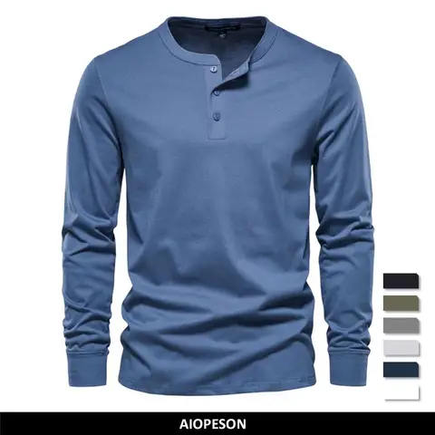 AIOPESON Henley Collar T Shirt Men Casual Solid Color Long Sleeve T Shirt for Men Autumn High Quality 100% Cotton Mens T Shirts