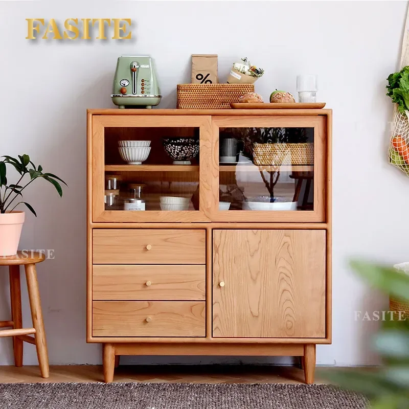 for Japanese Style Cherry Wood Dining Side Cabinet Solid Wood Nordic Small Apartment Furniture Simple Log Living Room Kitchen