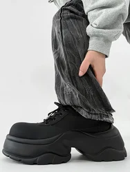 2025 New Thick-soled Derby Matte British Round Head Heightening Muffin Leather Shoes All Black Sports Dad Shoes Men