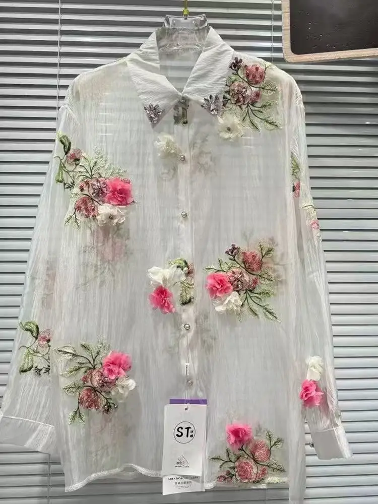 Luxe stijl bloemen borduurwerk glitter diamanten dunne zonnebrandcrème blouses shirts dames lange mouwen high street zomertops