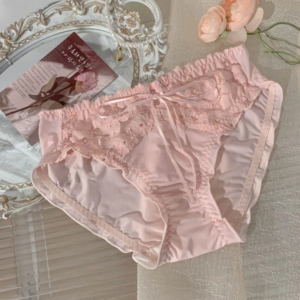 Comfortable Low Waist Mesh Lace Panties Ruffle Sweet Underwear for Women French Style Lingerie Lace Bow Briefs Female