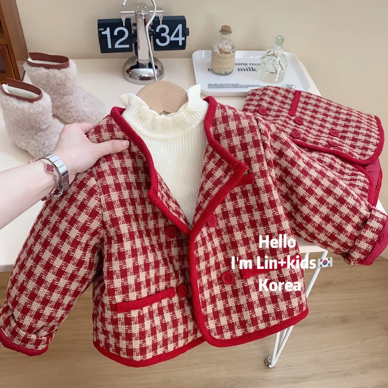 Girl Suits Small Fragrant Wind Double Breasted Temperament Thousand Bird Grid Thick Cotton Warm Two Sets Winter Clothing New