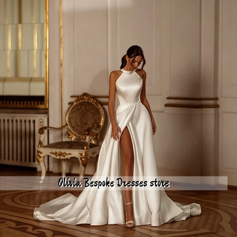 Wedding Dress Halter Neck Pearl Big Bow Open Back High Slit A-Line Bridal Gown Long Train Wedding Bridal Party Customized
