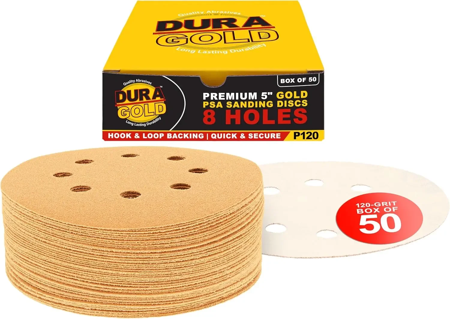 

120 Grit 5" Sandpaper Discs, 50 Pack - Hook & Loop for Orbital DA Sander, Dustless 8 Hole Pattern for Auto Paint & Woodworking