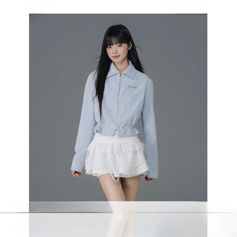 

Blue ort Collared Jaet Pleated Waist Slimming Casual Outerwear QDQD College Sle Polyester Fiber Long Sve Zipper Closure