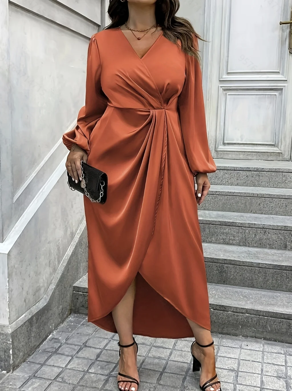 

plus Size Solid Color V-Neck Pleated Elegant Long Sleeve Dress Directed Fashion plus Size Clothing