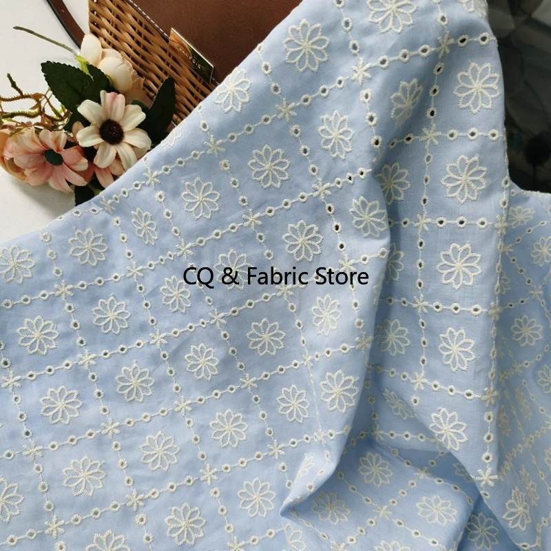 Good Quality Flower And Hollow Out Embroidery Sky Blue Cotton Fabric DIY For Table Cover/ Curtain / Clothes