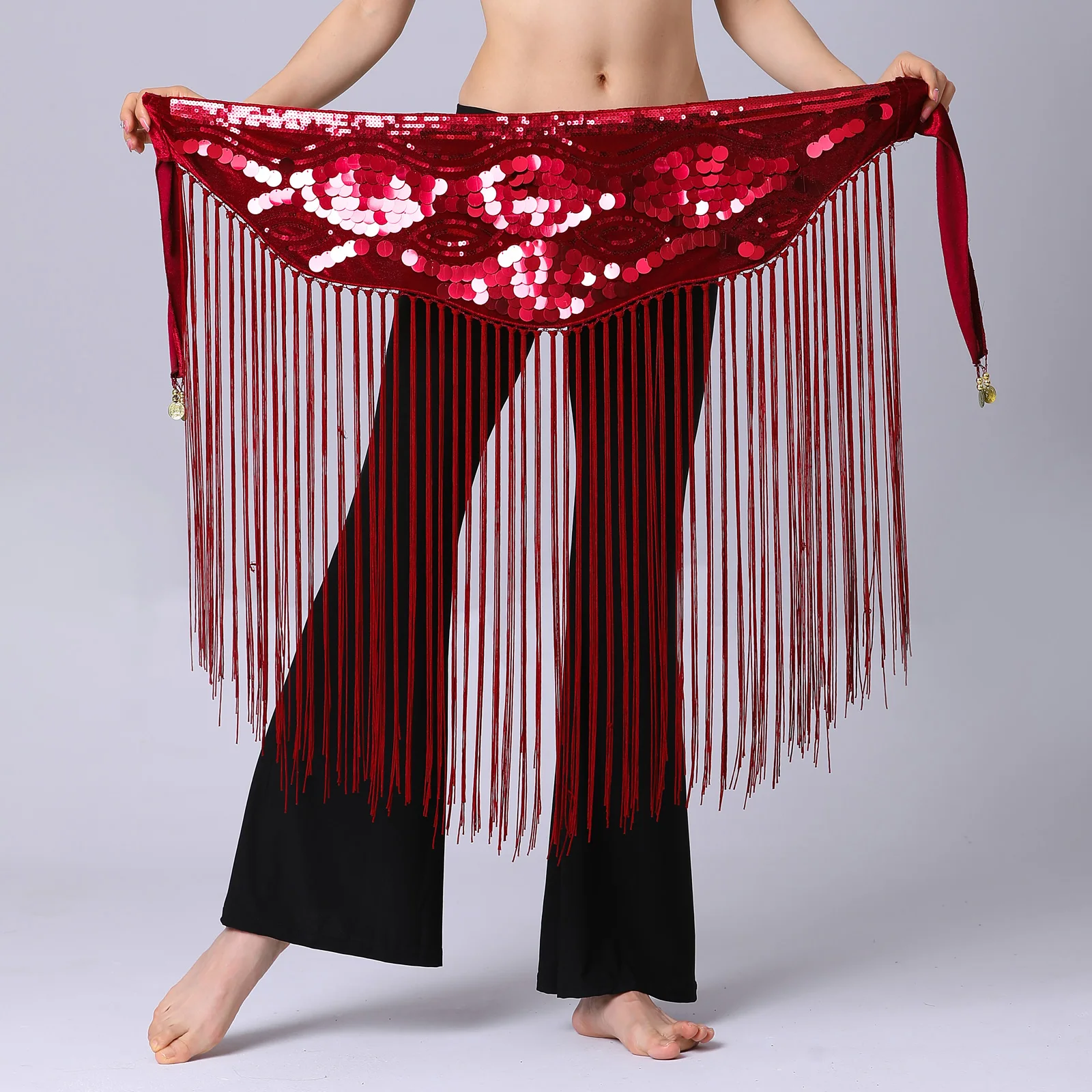 New Belly Dance Hip Scarf Triangle Mesh Diamond HipTowel Multi Layer Tassel Beaded Waist Chain Group Versatile Practice