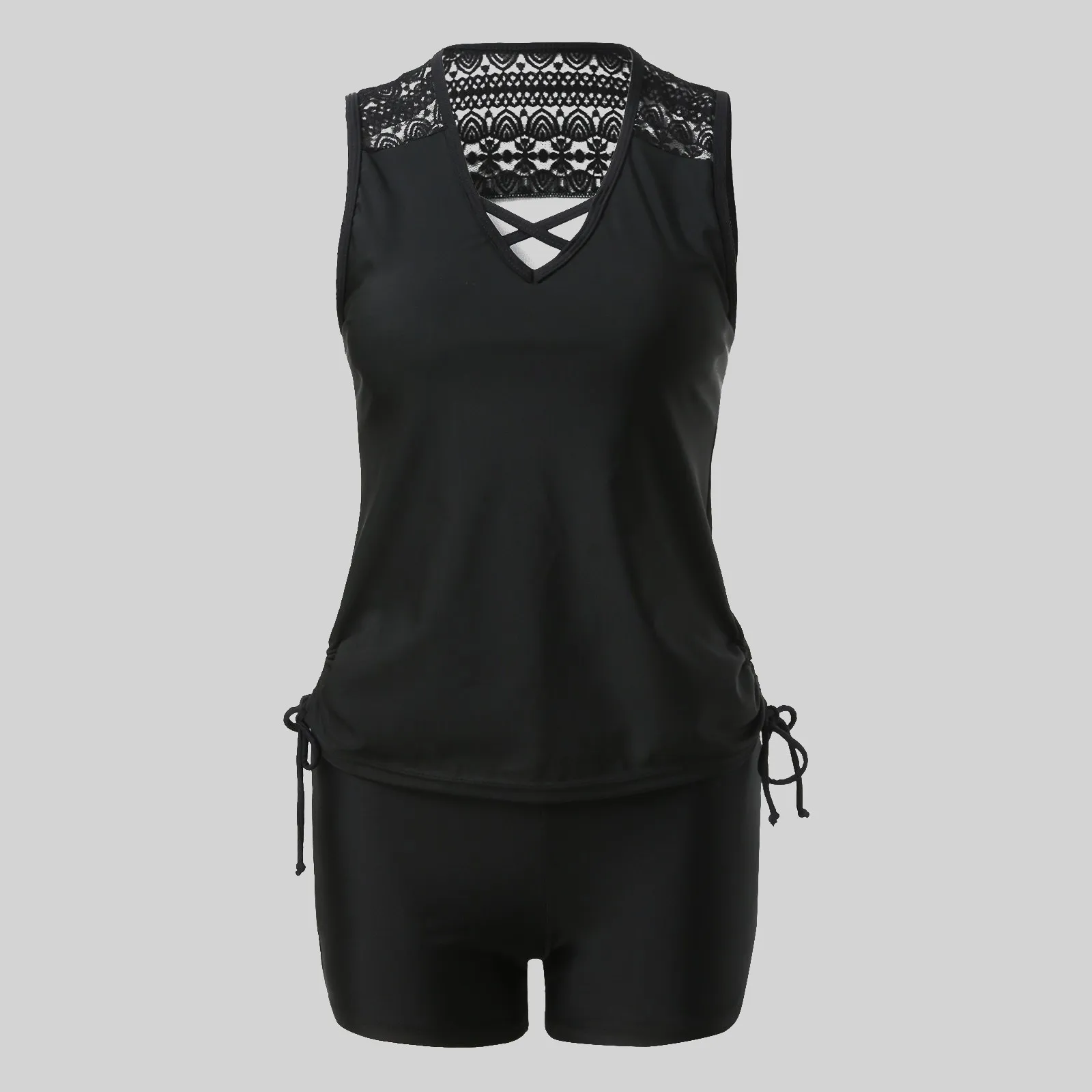 Lace Up Two Piece Tankini Swimsuit For Women Floral Printed Tank Top With Boyshorts Summer Swimsuit Women'S Bikinis And Tankinis