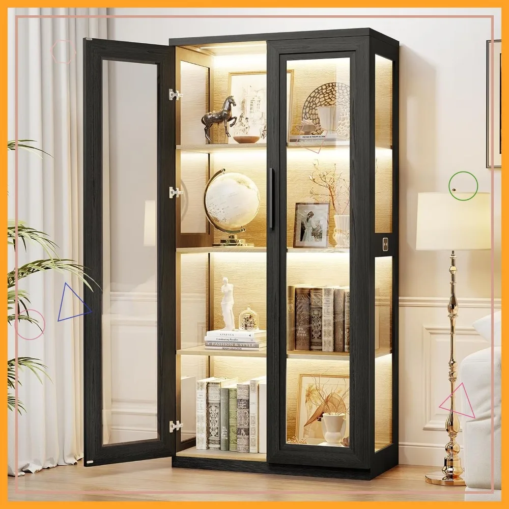 Vitrine mit Glastüren, LED-Beleuchtung und Bewegungssensor, 4-Regal-Bücherregal für Sammlerstücke, Schwarz