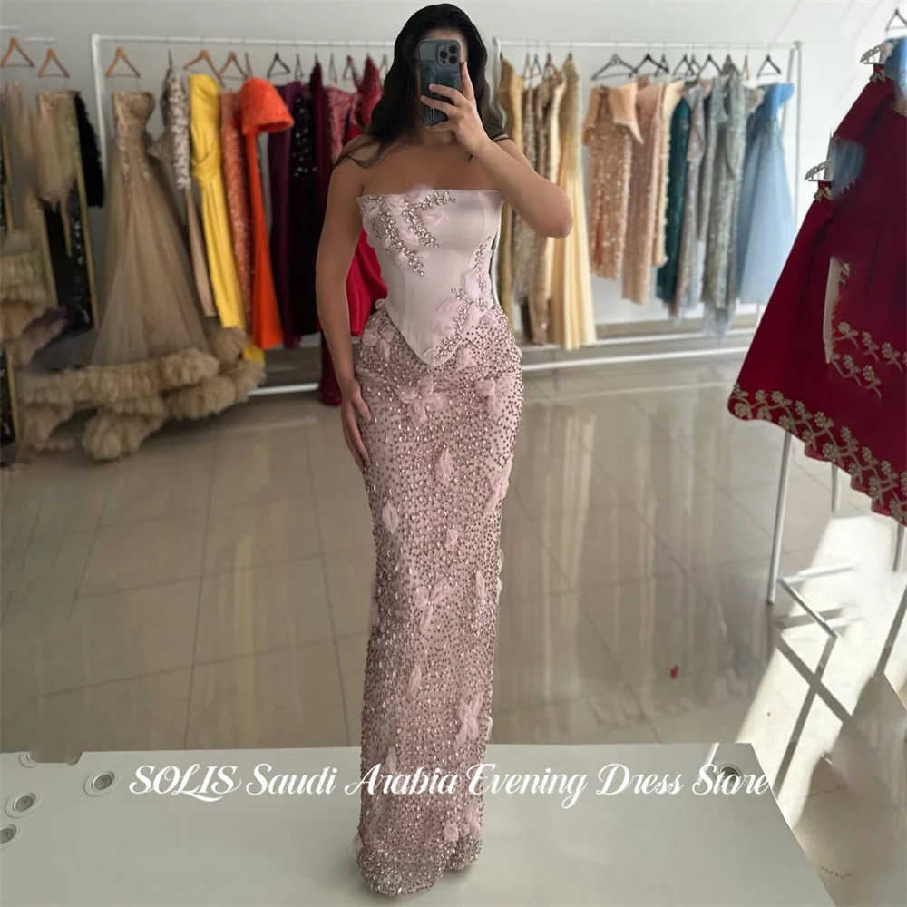 

SOLIS Pink Party Dress Strapless Evening Dress 3D Floral Prom Gown with Crystal فساتين مناسبة رسمية Customized