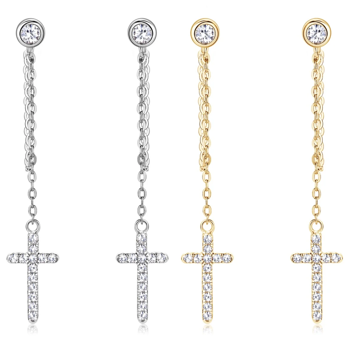 

S925 Silver Plated 18K Gold Light Luxury Tassel Cross Moissan Drill Stud Earrings 0.2ct For Women Gift