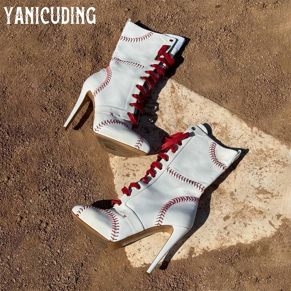 

White Red Trim Baseball Booties Contrast Leather Lace up Boots Vintage Handmade Stitching Mid Calf Boots Round Toe Stiletto Boot