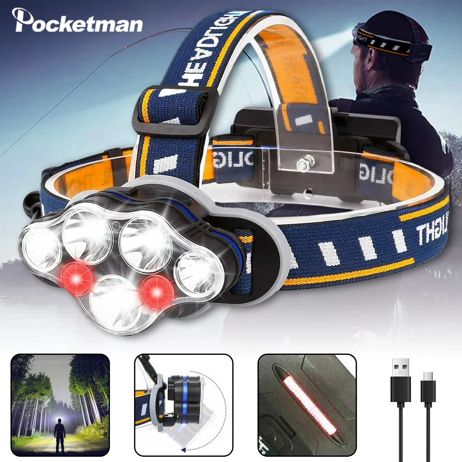 

POCKETMAN High Power 7LED Headlamp Super Bright USB Rechargeable Headlight Outdoor Waterproof Head Lamp Head Flashlight