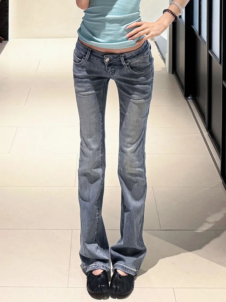 Retro American Washed Low Waist Jeans Women's Slimming Micro Flared Pants Vintage Style Standard Fit Pure Color Denim Jeans