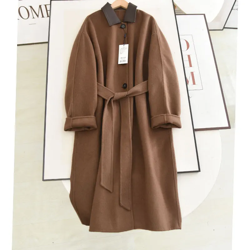 

McSystem High-End PU Leather Collar Versatile Single Button Mid-Length Double-Sided Woolen Coat Ele All-Match Outerwear