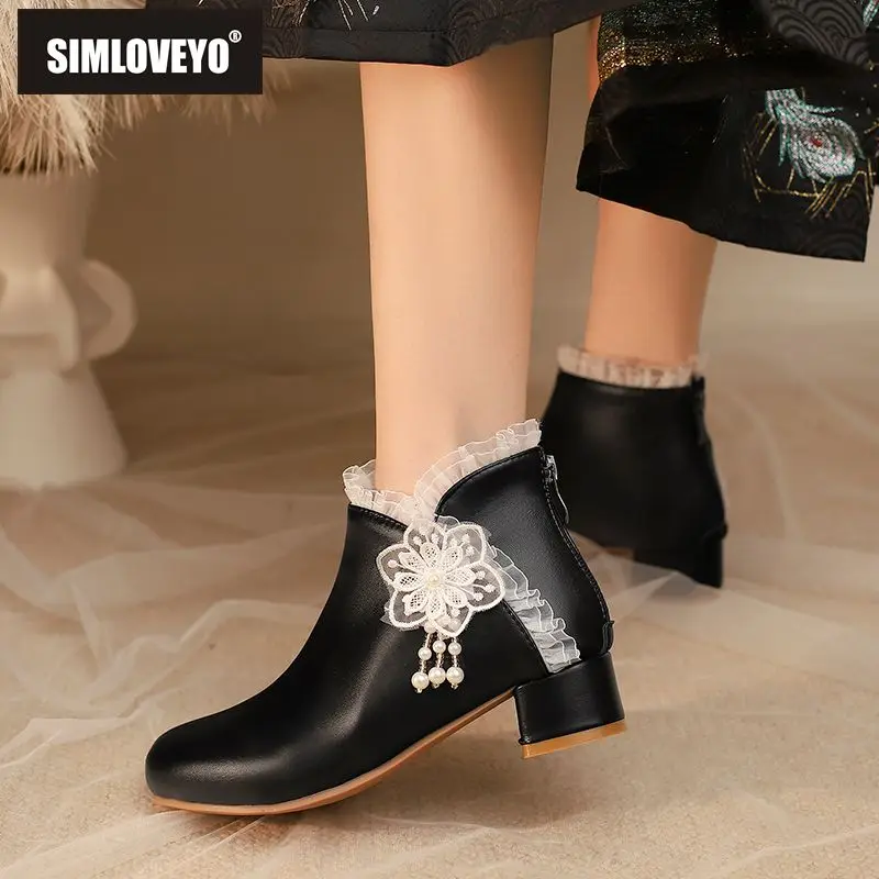 

SIMLOVEYO Женские ботильоны - маленький размер 31-33, круглый носок, 3,5 см, блочные каблуки, молния, бусины, милый стиль для девочек, черный, розовый