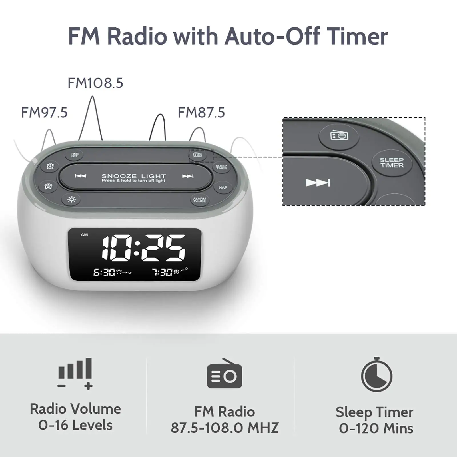 White Dual Alarm Clock with FM Radio, 7 Color Night Light, Dimmer, USB Charger, Spare Battery, Nap Timer, Bedroom Bedside