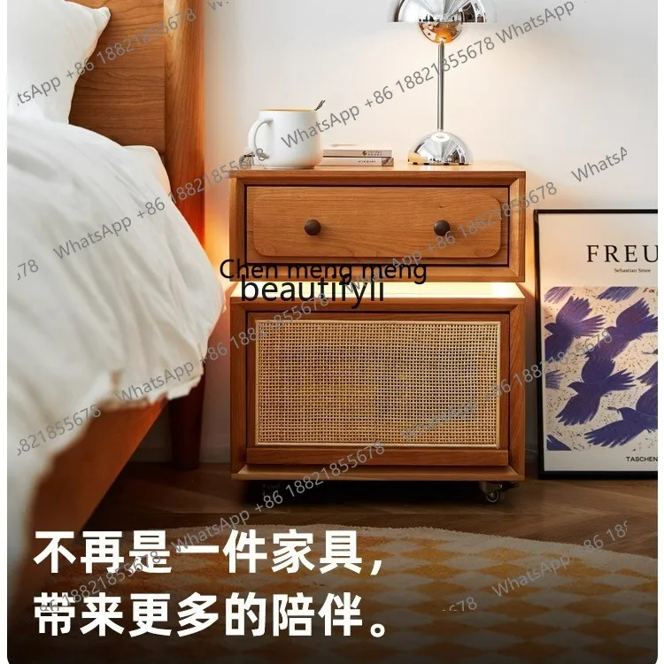 X All Solid Wood Bedside Table Movable Bedroom Small Apartment Ultra Narrow Bedside Storage Cabinet Cherry Wood