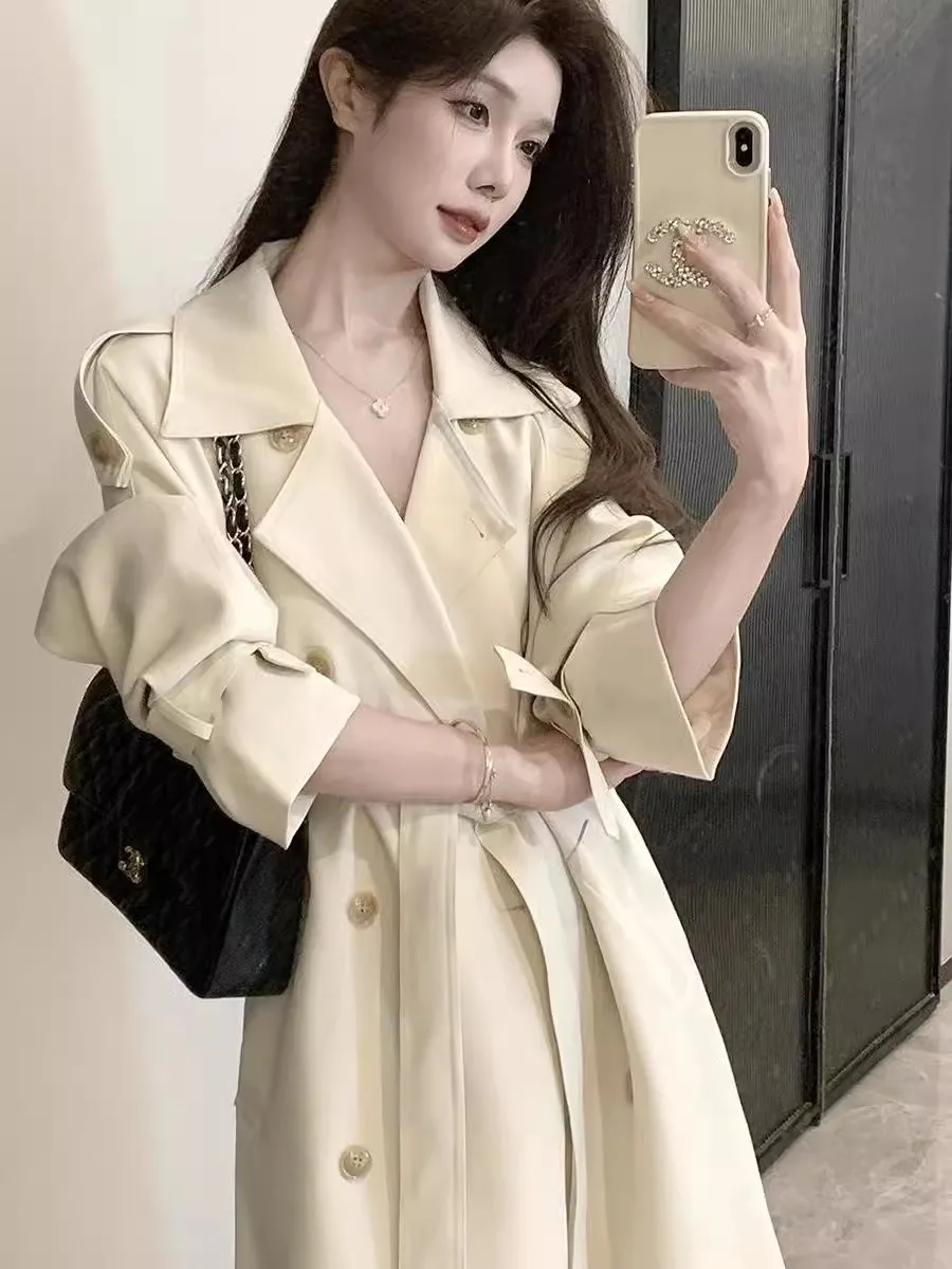 Damen Frühling Herbst Eleganter Doppelreihiger Langer Trenchcoat Damen Streetwear Langarm Loser Trenchcoat Oberbekleidung