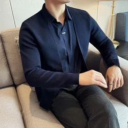 Men's False Two Pieces Knitwear Cardigan, Personalized Seamless V-neck Shirt Collar Sweater Coat, Royal Blue Knitted Pullover