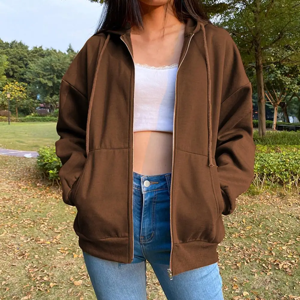 2024 Solid Color Women Hoodie Drawtring Loose Long Sleeve Hooded Sweatshir Thick  Hooded Zipper Coat Autumn Winter Sweatshirt