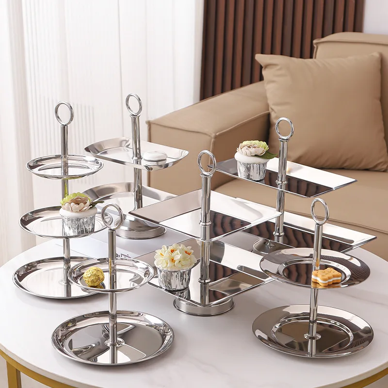 Stainless steel dim sum plate second layer three layer cake plate light luxury snacks dried fruit table wedding hotel front desk