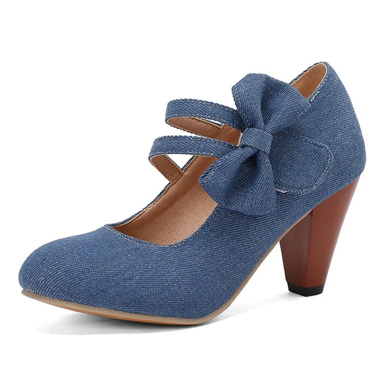 Blue Denim Pumps New Autumn Round Toe Ladies Shoes Side Sweet Bow Chunky Heels Shoes Woman zapatos mujer Big Size 35-43 WSH5141