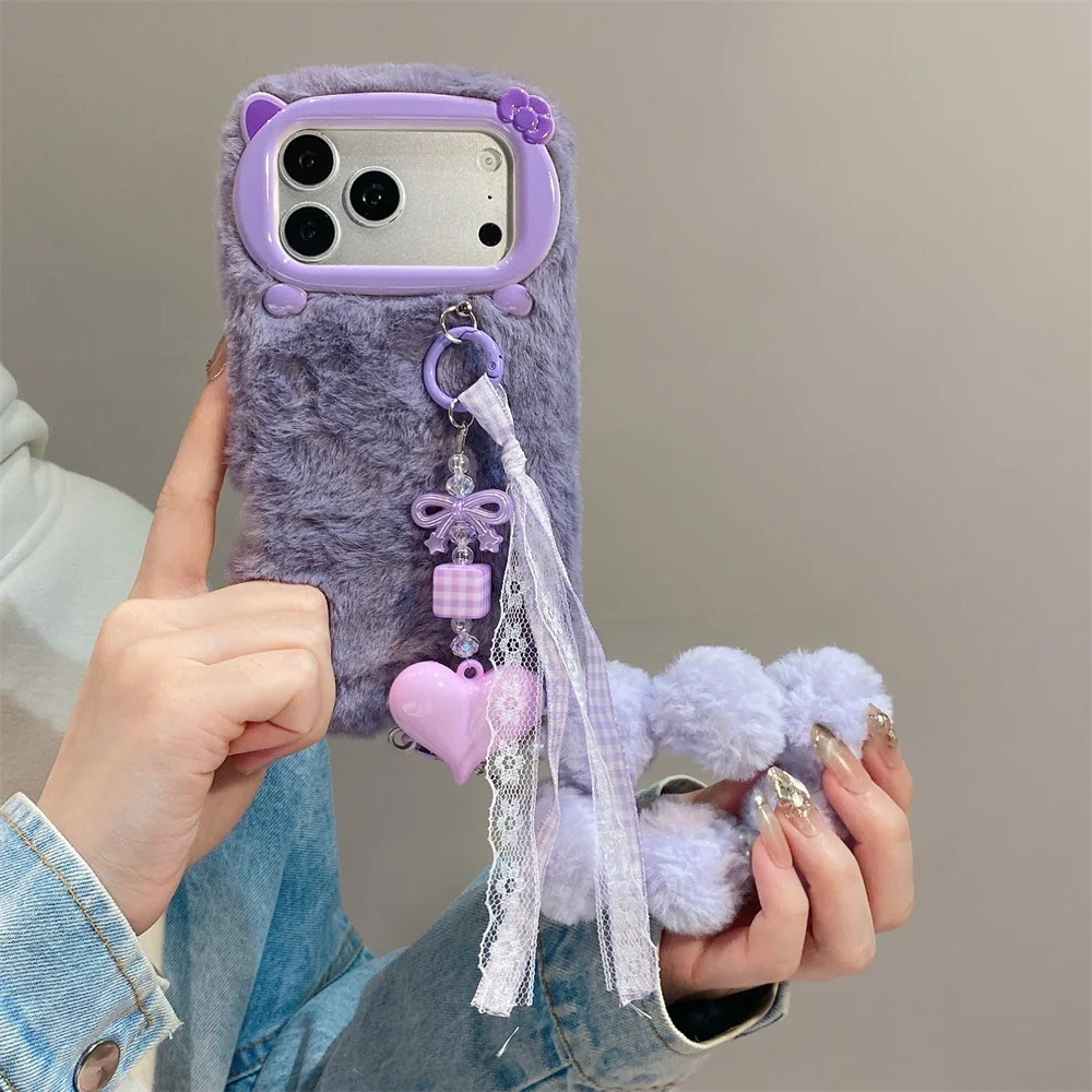Kawaii Fuzzy Lace Ribbon Heart Pendant Phone Case for 18 Pro Max Pom Pom Bead Wrist Strap Protective Cover for iPhone 17 16 15
