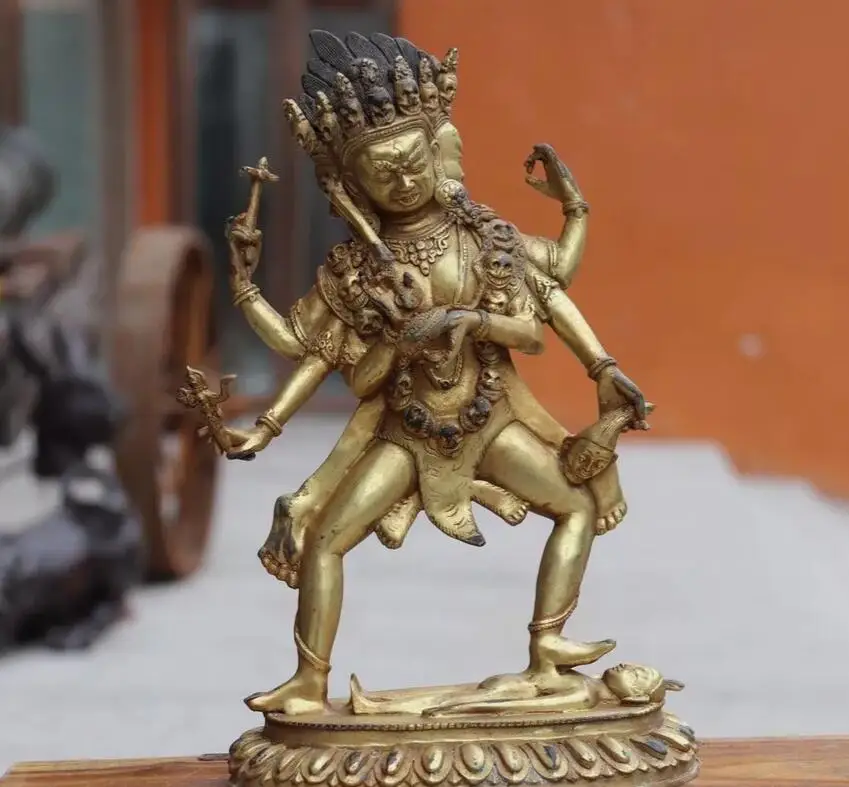 Chinese Copper Bronze Gild 3 Head 6 Arms Namgyalma Ushnishavijaya Buddha Statue