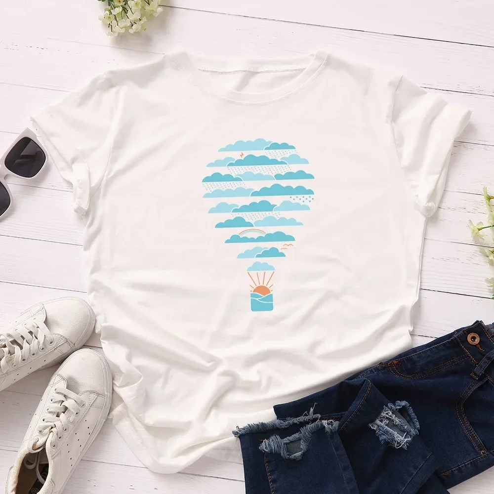 JFUNCY  Women Tee Shirts Woman Short Sleeve T-Shirt Weather Hot Air Balloon Print Summer Tshirt Female Tops