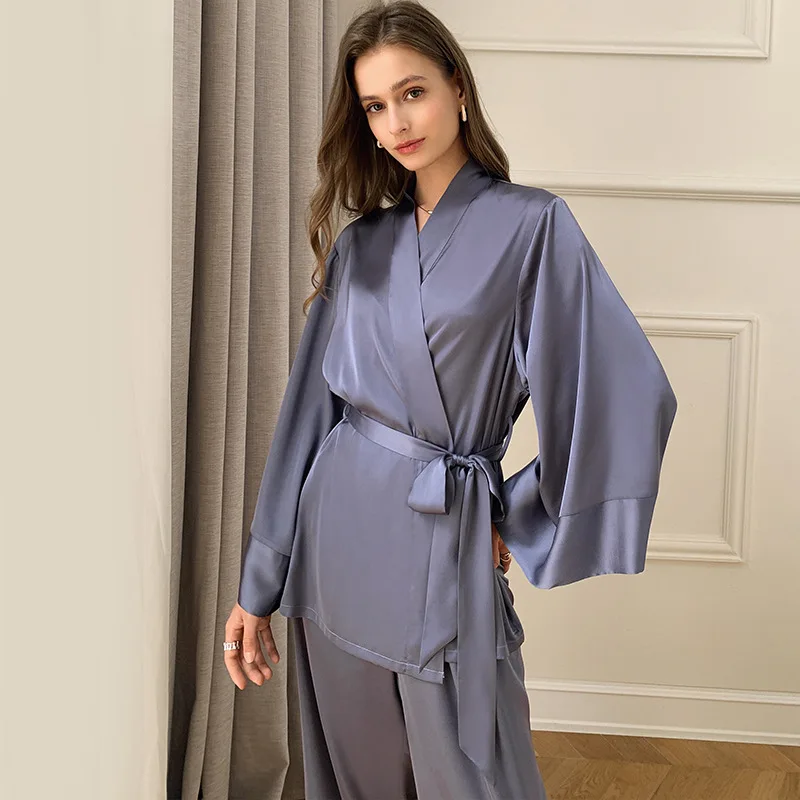 Solid color luxury noble women's long robe 2-piece set, satin long pants, loose sleepwear, casual sleepwear, women's home set
