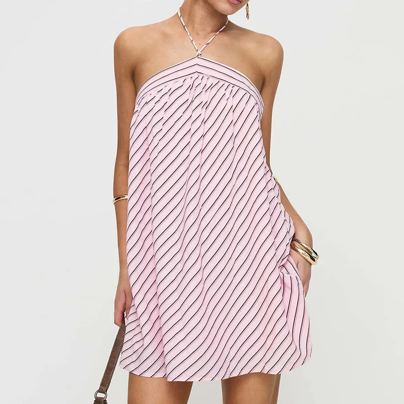 New Sexy Backless Lace Up Party Dresses Woman Chic Stripe Print Halter Mini Dress Summer Casual Sleeveless Hollow Out Boho Dress