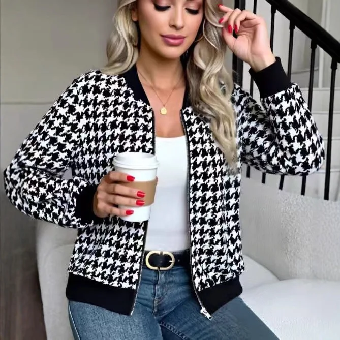 Women's Casual Loose Jacket Spring Autumn New Fashion Plaid Printed Zipper Cardigan Long-sleeved Wide Jacket Commuting Versatile