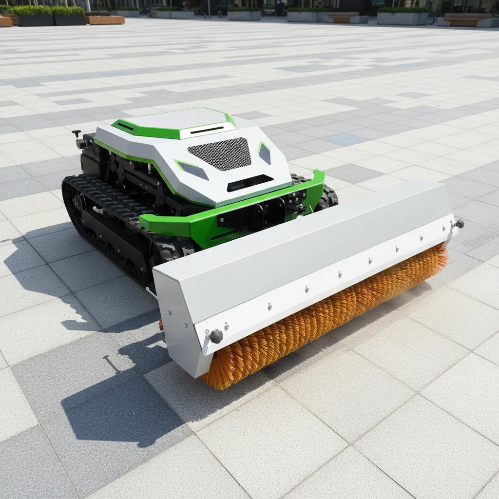 

Crawler Lawn Mower Remote Control Battery Powered Obstacle Detection with Snow Sweeping Accessory for Residential Garden