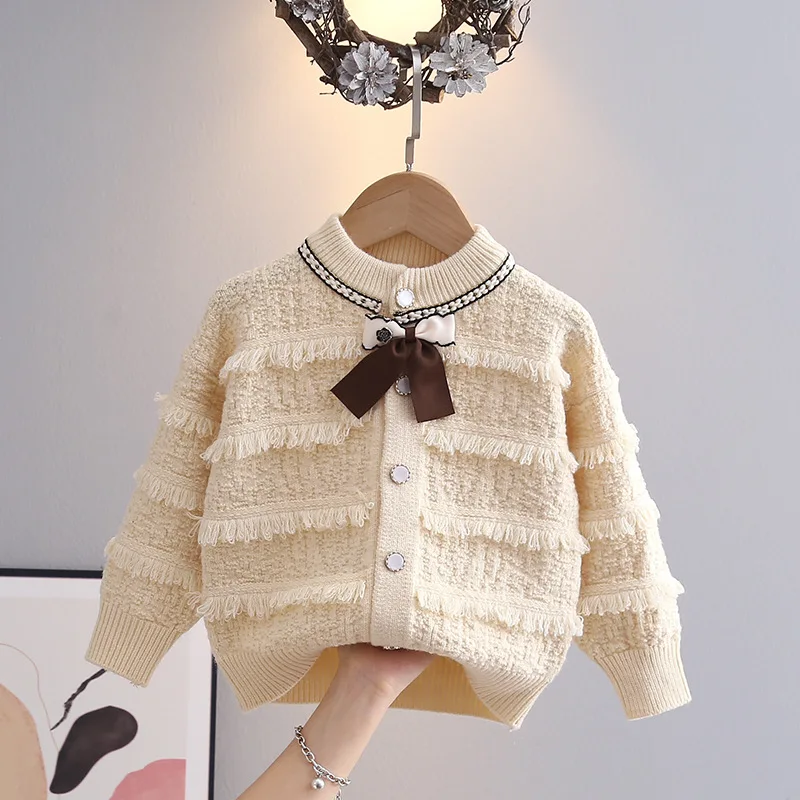 Baby Girls Sweater Fashion Tassel Knitted Cardigan Knitwear Bow-tie Children Princess Girl Fall Winter Sweaters Flocking HY08071