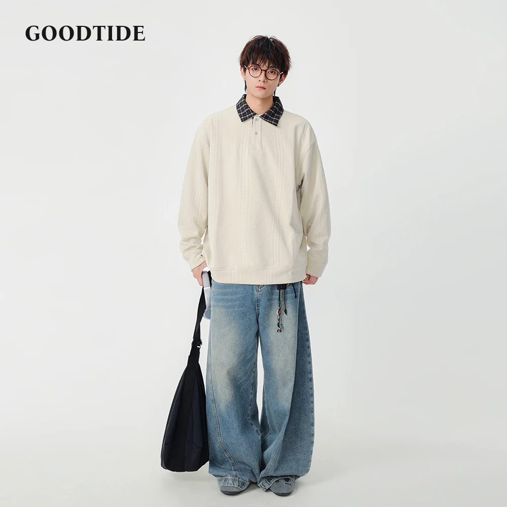 Men's Casual Long Sleeve Polo Shirt 2025 New Plaid Collar Textured Pattern Design Loose Fit Fashion Autumn Winter Daily Wear Top