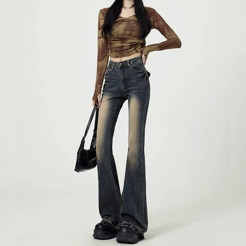 

Retro Waed High Waist Bell Bot Jeans Women's Faionable Spring New Sle Cotton Stretch Denim ey Cement Frayed