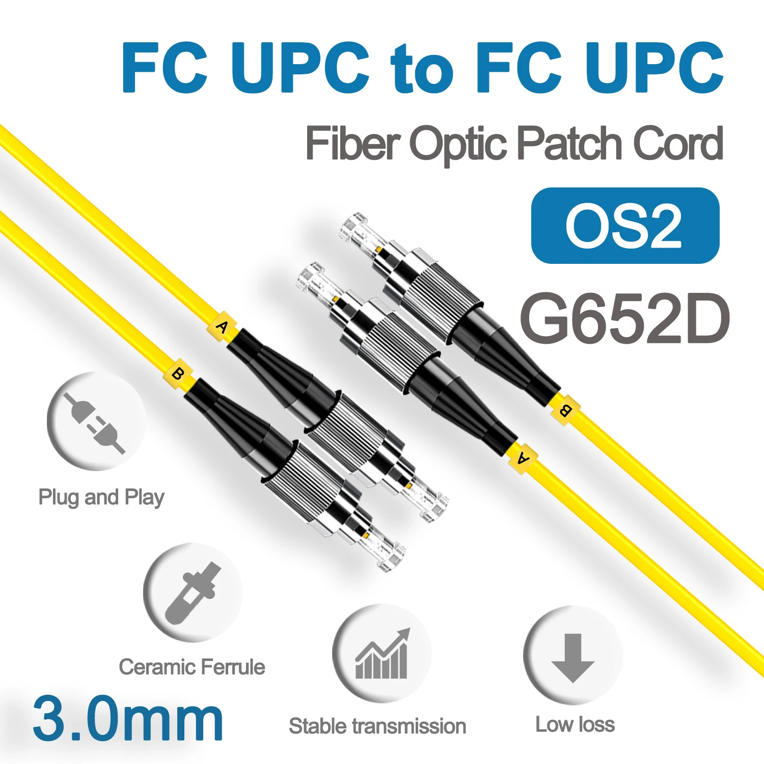 

FC UPC Fiber Optical Patch Jumper 3.0mm OS2 Cable Cord Singlemode Duplex 1m 3m 5m PVC G652D SM 1310/1550nm FTTH