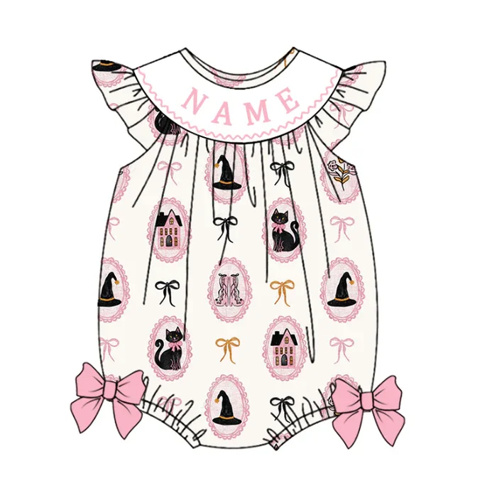 Customizable Name Toddler Girl Halloween Magic Hat Bow Print Outfit Girls Casual Dress Baby Girl Romper