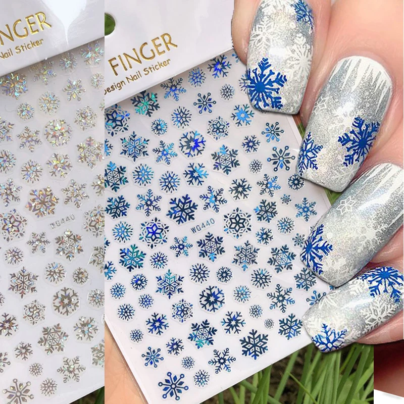 Nail Art 3d Decals Winter Laser Blue Silver Christmas Trees Snowflakes Adhesive Sliders Nail Stickers Decoration For Manicure