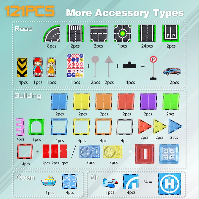 الأرض البحر والهواء موضوع البلاط المغناطيسي 121 قطعة بلاط مغناطيسي الطريق بناء لعبة تعليمية مع علامة مرور طائرة السفينة للأطفال
