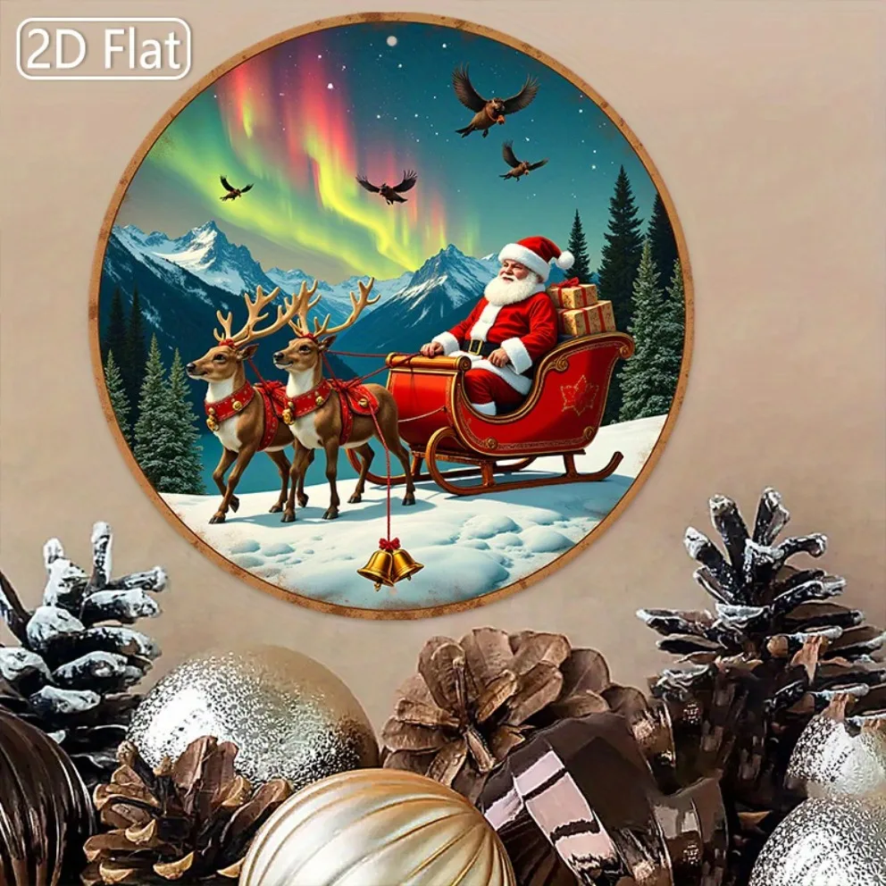 لافتة معدنية على شكل سانتا غريب الأطوار - لوحة فنية جدارية مستديرة من الألومنيوم مع مشهد غزال جبلي، ديكور عيد الميلاد قابل لإعادة الاستخدام للمطبخ المنزلي #4